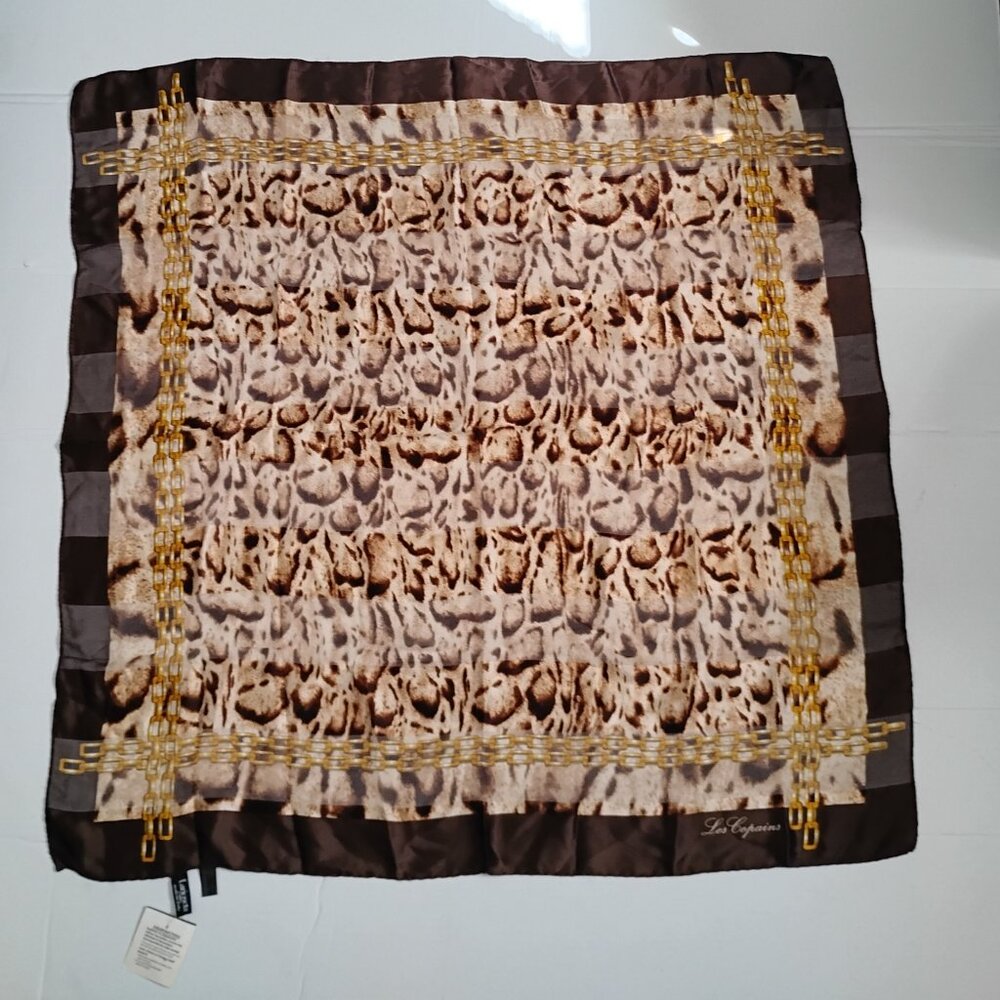 ❤️NEW W/TAG LES COPAINS Animal Print & Chain Made in Italy 100% Silk Scarf 33x35